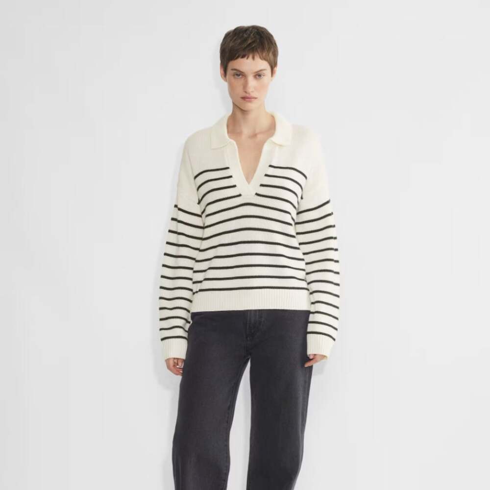 WILFRED x ARTIZIA Clara Merino Wool Polo Sweater Navy Blue Stripe Sz M $128 3D31